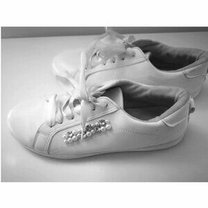 White Sneakers Adorned With Beads and Rhinestones